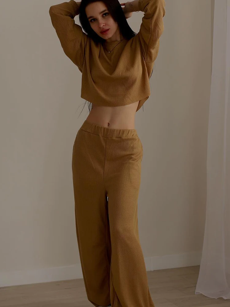 

Linad Khaki Pajamas For Women 2 Piece Sets Knitted O Neck Long Sleeve Sleepwear Female Loose Trouser Suits 2023 Autumn Casual