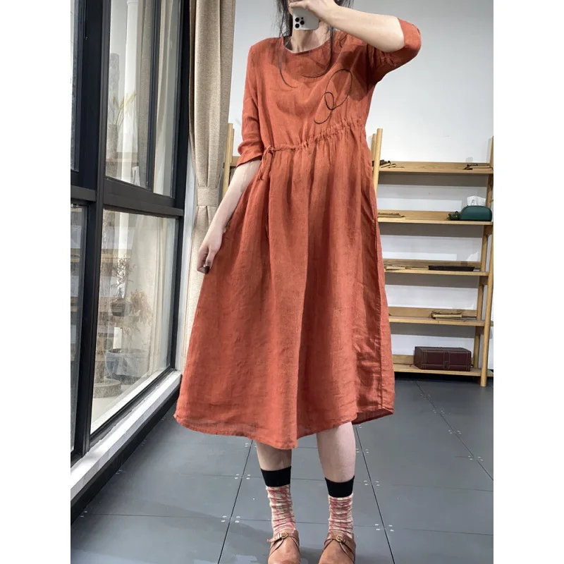 

Japanese and Korean Style Cotton and Linen Summer Dress Women's Retro Loose Simple Drawstring Midi Skirt Slim and Swing Dress
