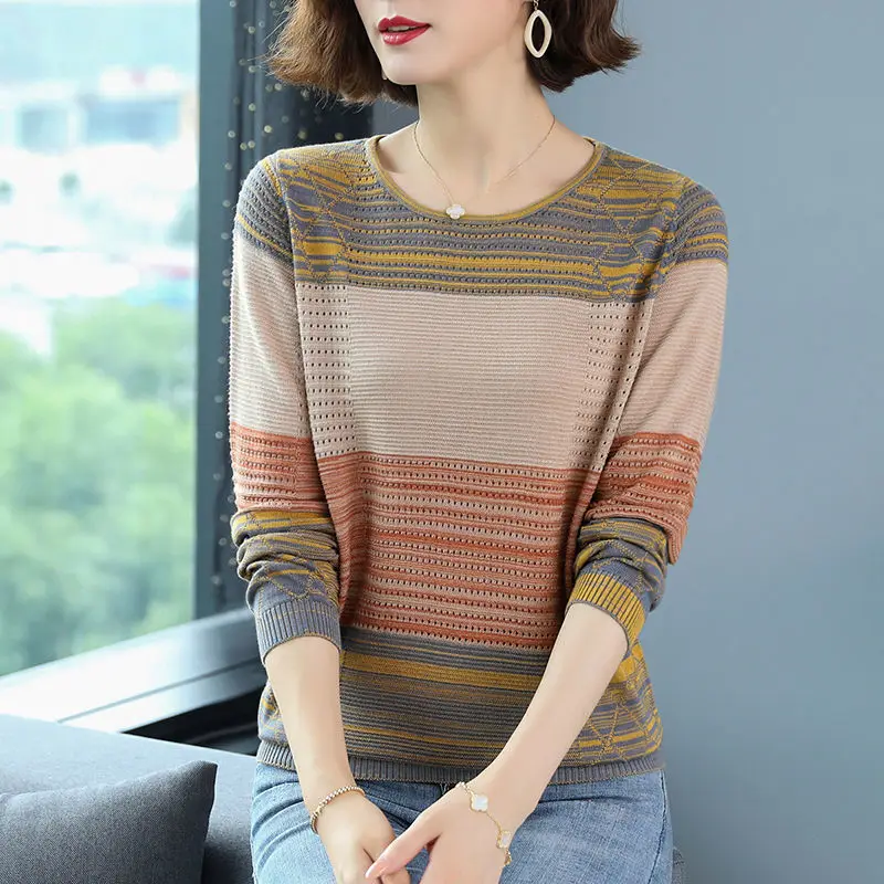 

Women's Clothing Fashion Simplicity Striped Knitted Thin T-shirt Summer Korean All-match Round Neck 3/4 Sleeve Tops for Female