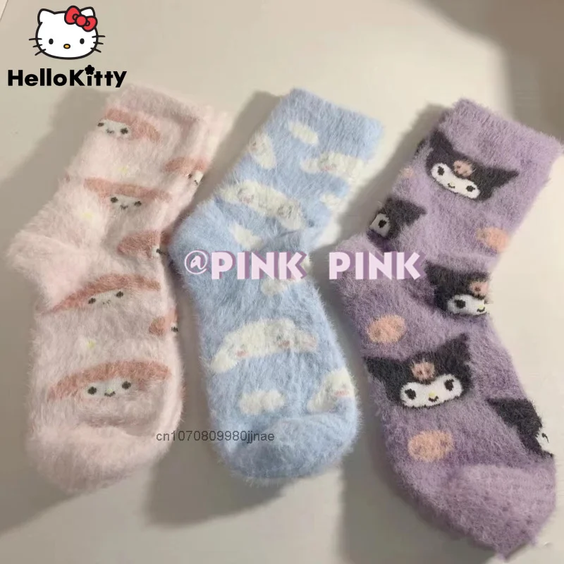 

Sanrio Melody Thicked Plush Socks Children Autumn Winter Fashion Warm Soft Sockings Girl Home Floor Kuromi Socks ColdProof Women