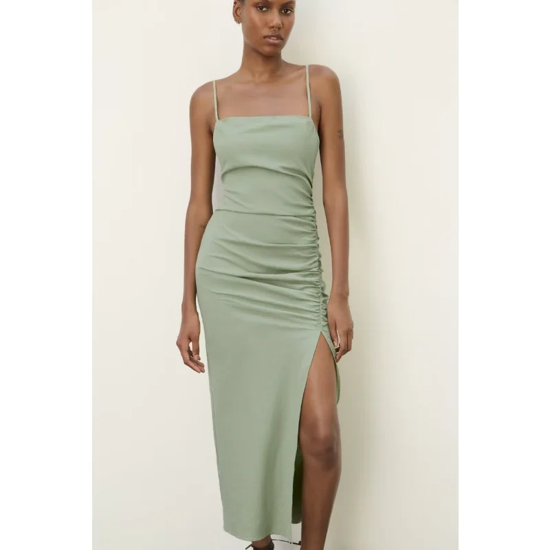 

2023 Summer Pleated Decorative Midi Dress Strap Dress