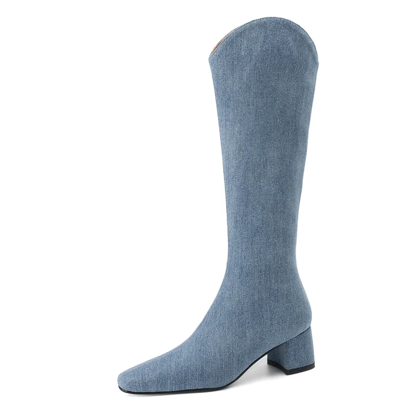 

Джинсовые женские сапоги 2023, зимняя женская обувь на высоком каблуке, элегантные роскошные женские узкие сапоги до колена с боковой молнией, Прямая поставка