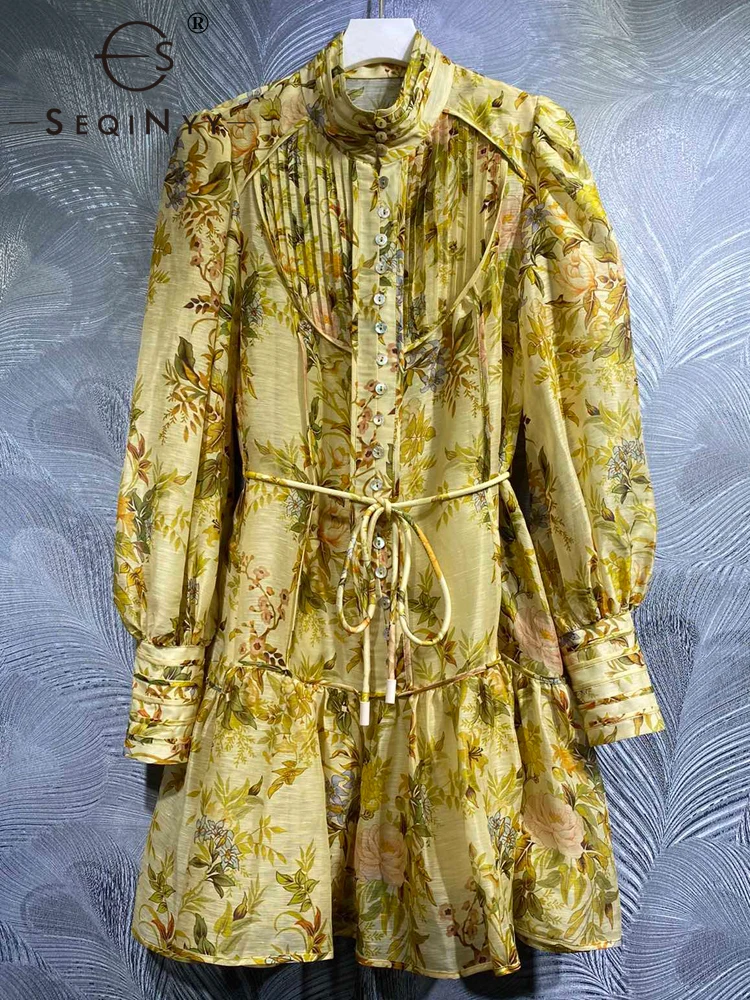 SEQINYY Silk Linen Dress Summer Spring New Fashion Design Women Runway High Quality Vintage Flowers Print Pleat Mini A-Line
