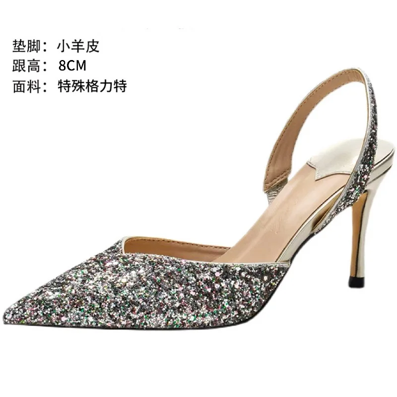 

Spring and Summer New Pointed Shallow Mouth Sequin Crystal Wedding Shoes Thin High Heel Banquet Dress Versatile Women's Sandals