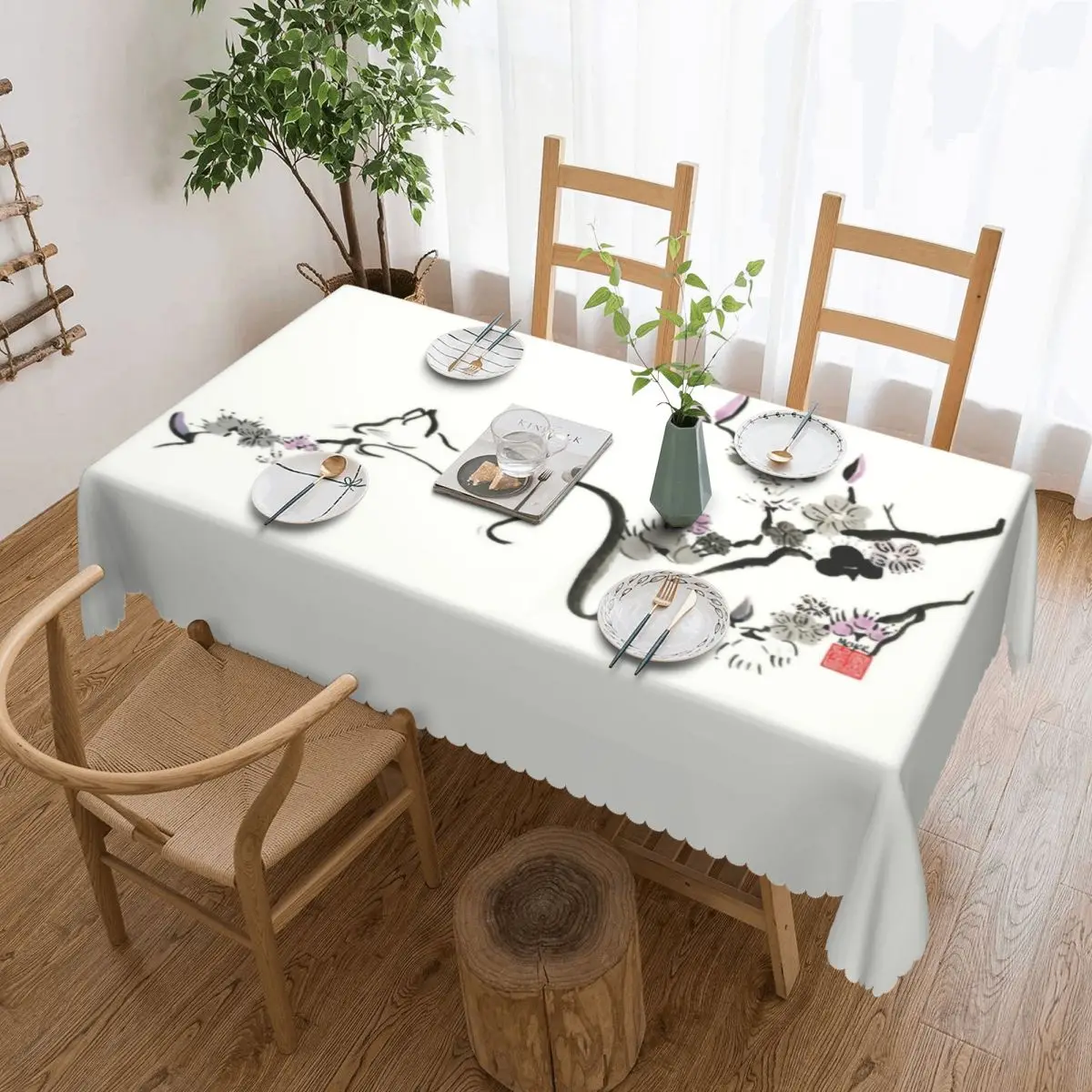 

Cat In Cherry Blossom Tree Tablecloth Rectangular Waterproof Kitten Table Cloth Cover for Party