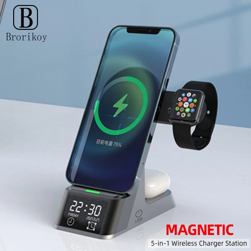 

Беспроводное зарядное устройство 3 в 1, док-станция для быстрой зарядки с отображением времени для iPhone 13 AirPods iWatch 7, беспроводная зарядная под...