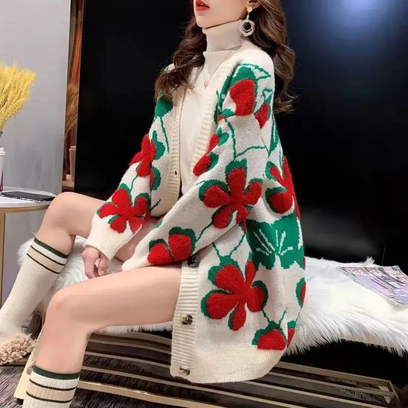 

DAYIFUN Autumn Winter Floral Flocking Knitted Sweater Cardigan Women 2022 Harajuku V-neck Loose Retro Coat Outer Wear Mid-length