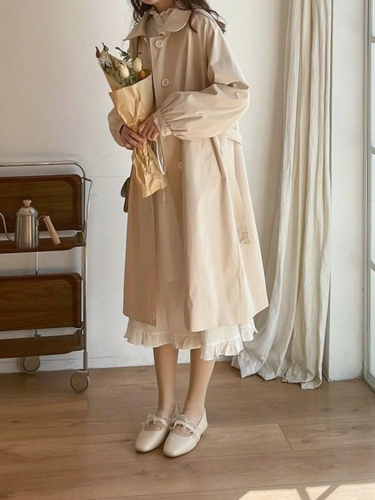 

Long Trench Women Ins Students Fashion Korean Style Street Wear Casual Solid Windbreaker Femme Simple Outwear Daily Autumn Mujer