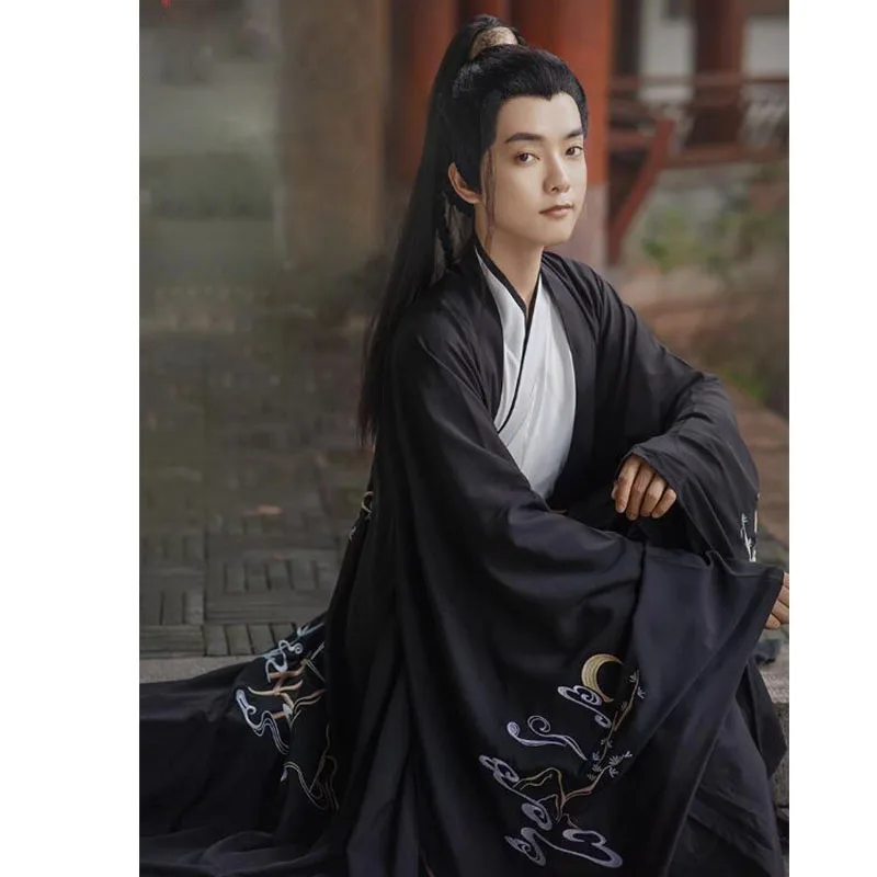 

Chinese Hanfu For Men Weijin Dynasty Classical Black Suit Embroidery Wuxia Embroidery Fairy Costume College Student Performance
