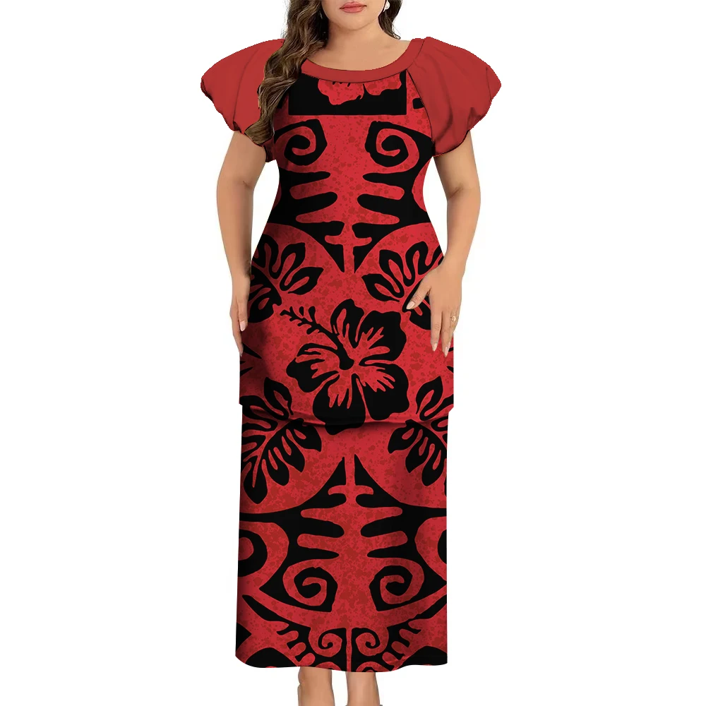 Женское длинное платье с рукавами-фонариками и круглым вырезом