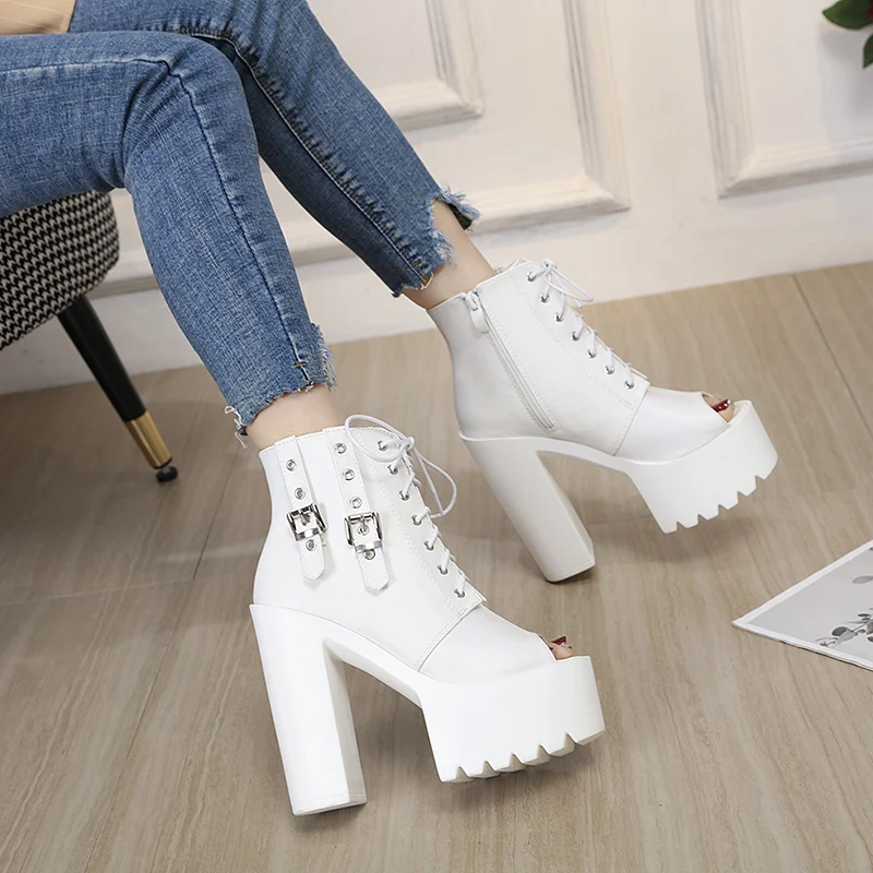 

Boots Rock Shoes Woman Clogs Platform Designer Round Toe Lolita White Rubber Ladies High Heel Ankle Fashion Solid Fabric