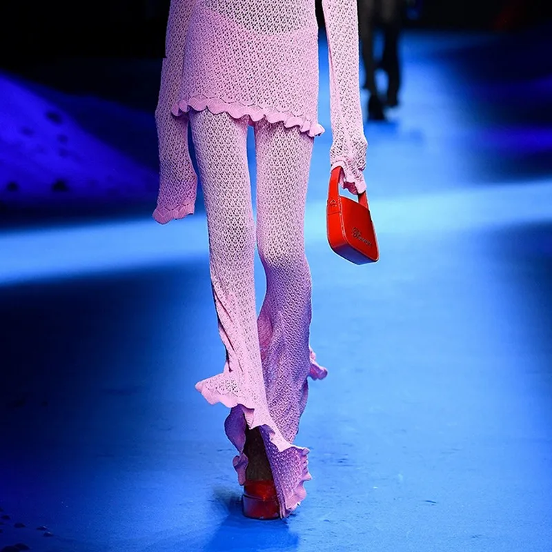 

4.19 KlasonBell Fashion Runway Crochet Hollow Out High Waist Slim Knitted Flare Pants Women