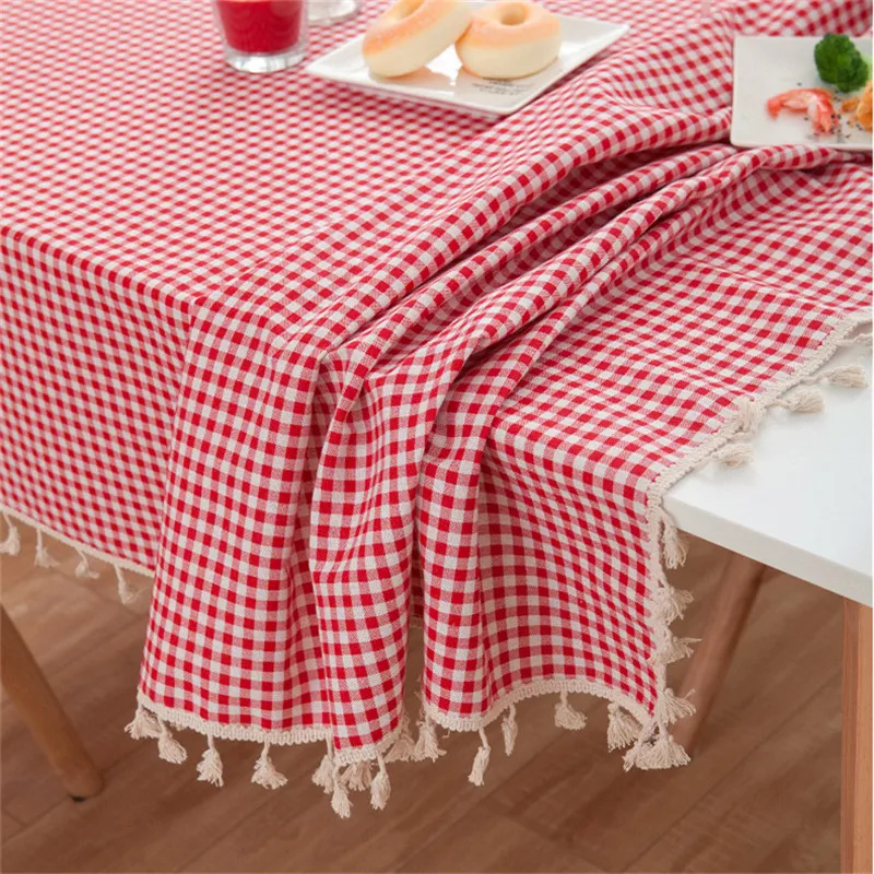 

Red White Plaid With Lace Tassel Tablecloth Linen Cotton Coffee Table Cloth Rectangular Picnic Tableware