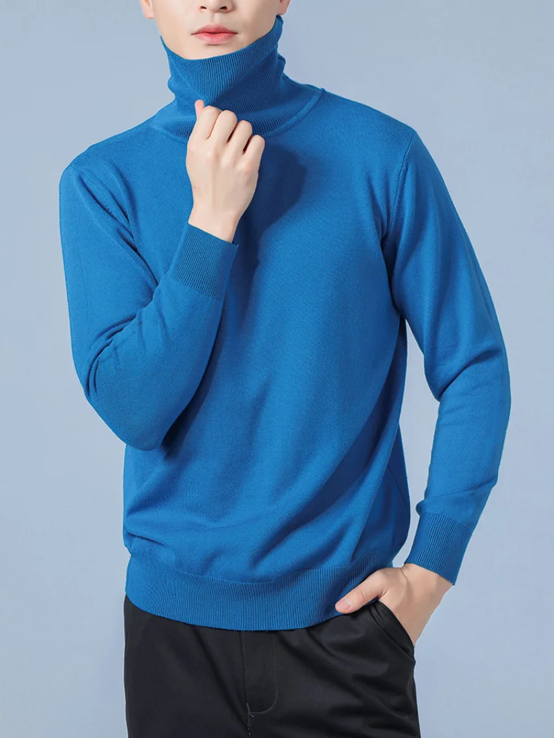 Mens Autumn and Winter Korean High Collar Cashmere Sweater Solid Color Pullover Sweater Sweater Loose Soft Warm Knitting Sweater