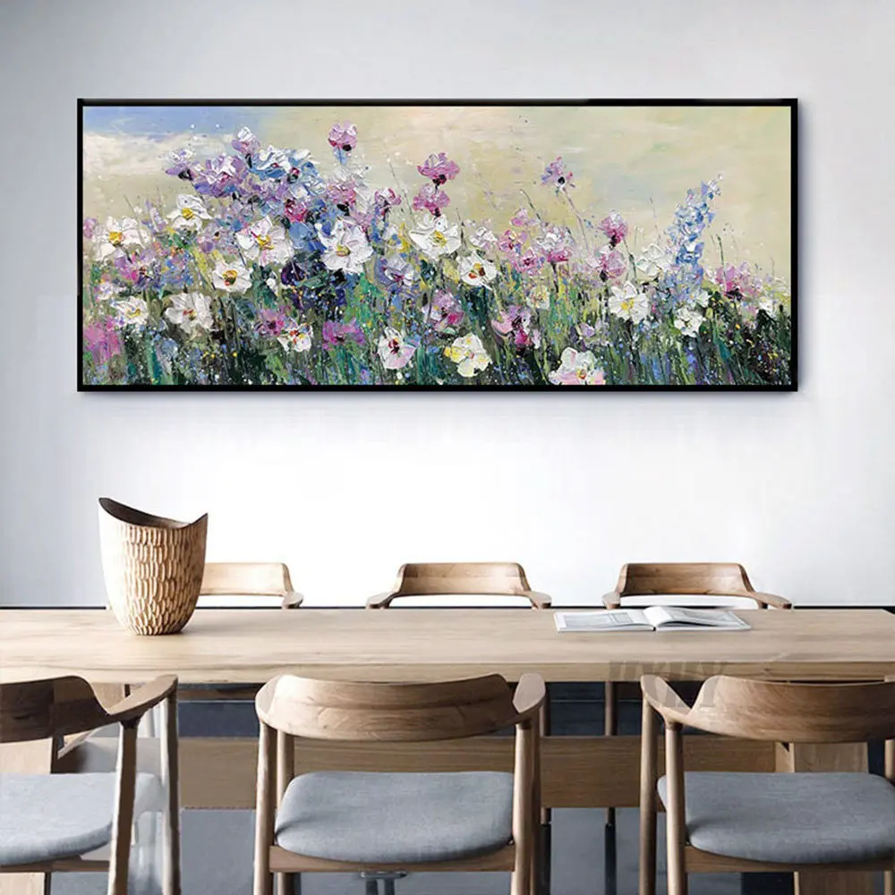 

Oil Painting Flowers On Canvas Large Abstract Painting Pink And White Flower Spring Flower Field Scene Landscape Wall Art