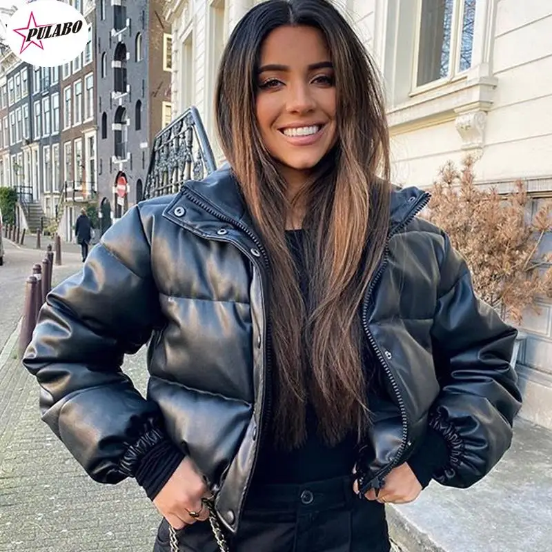 

Casual Stand Collar Parkas Women Fashion Autumn Black Coats Women Elegant PU Leather Short Cotton Jackets Female Ladies