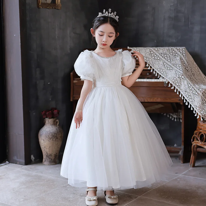 

Белые Платья с цветочным узором для девочек милое длинное фатиновое бальное платье с круглым вырезом и большим бантом, простые элегантные платья с цветочным узором для девочек на свадьбу