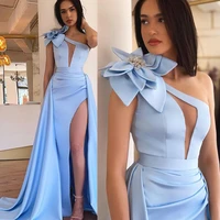 sexy luxury a line satin evening dress 2022 long bead 3d flower sleeveless high cut one shoulder womens prom dress with bow