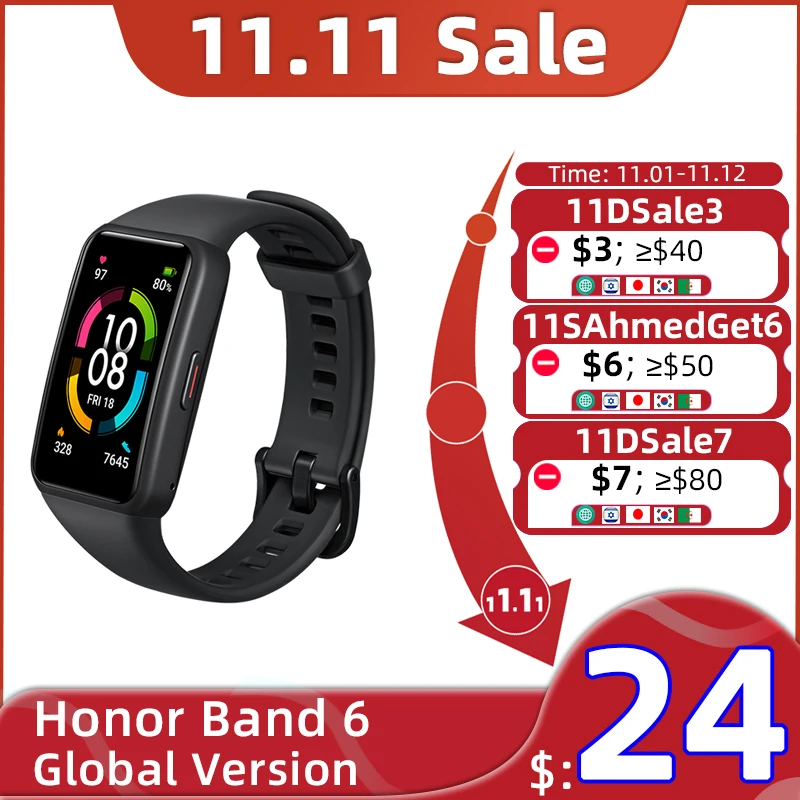 

Global Version HONOR Band 6 Smart Bracelet 6 1.47" AMOLED Screen Blood Oxygen Heart Rate Monitor Smartband 14 Days Battery