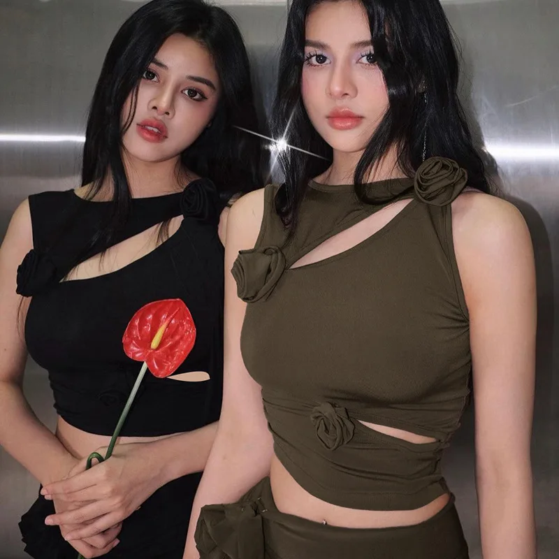 

Женская футболка без рукавов, летняя укороченная футболка с трехмерными цветами, Y2k, 2023