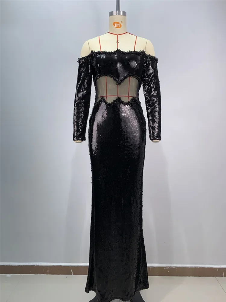 Женское длинное платье с длинным рукавом черное Сетчатое макси блестками и