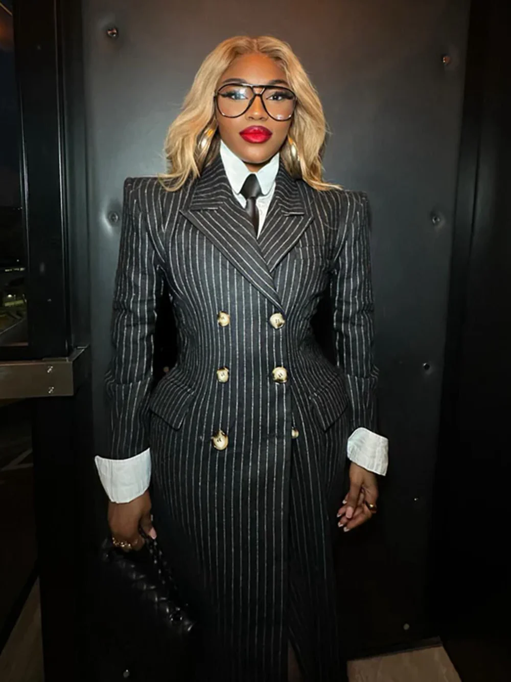 Modphy темпераментный полосатый двубортный облегающий плащ без бретелек с высокой