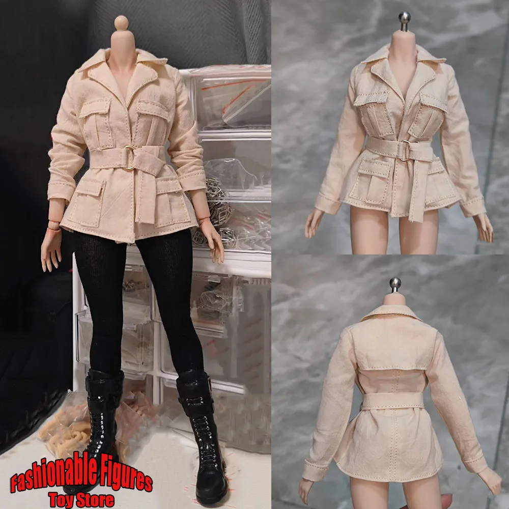 

1/6 Women Soldier Jacket Classic Lapel Trench Coat Short Windbreak With Belt Tops For 12'' Action Figure Body Model Toys