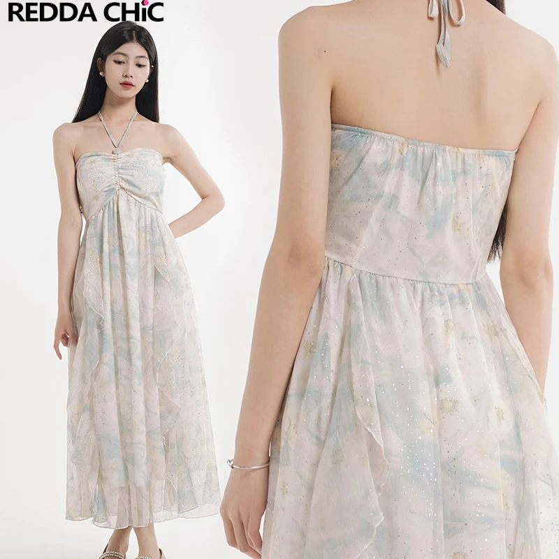 

ReddaChic Ruffles Chiffon Floral Long Dress with Beaded Halter Drawstring Glitter Swing Summer One-piece Dress Holiday Beachwear