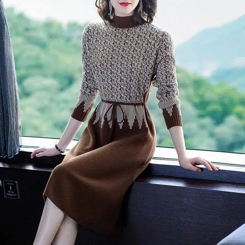 

New 2022 Autumn Winter Fashion Women Knitted Dress Elegant Sweater Dresses Ladies Slim Long Sleeve Loose Dress Vestidos B22