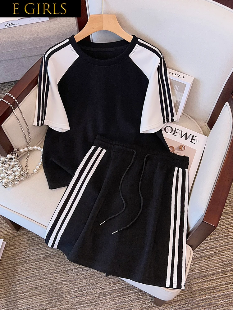 

F GIRLS Oversized Casual Sports Suit Women 2023 Summer Striped Short Sleeved O Neck Top+Elastic Waist Shorts Two Piece Set For W