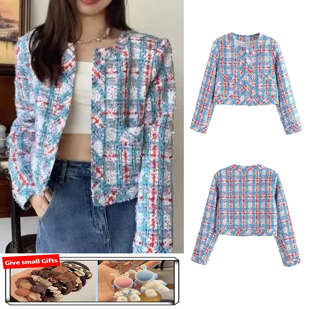 

Autumn new European and American style women's clothing, fashionable and versatile, round neck, plaid slub sequined short jacket
