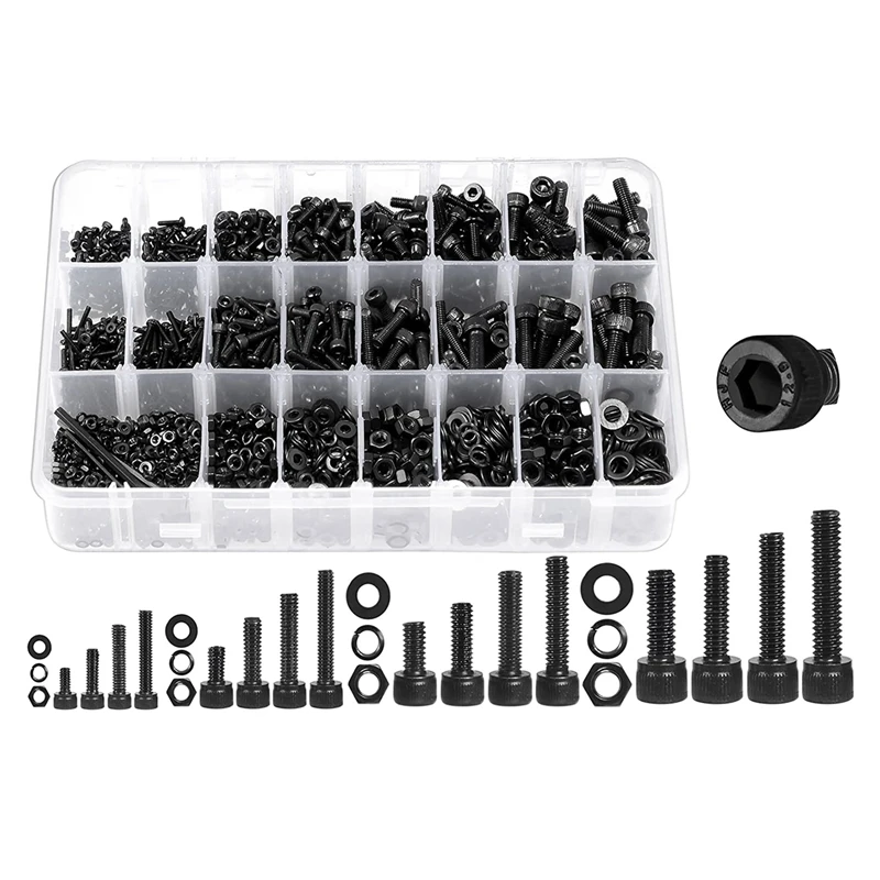 

1600Pcs Hex Socket Head Cap Machine Screws Nuts And Bolts Assortment Kit Black Steel