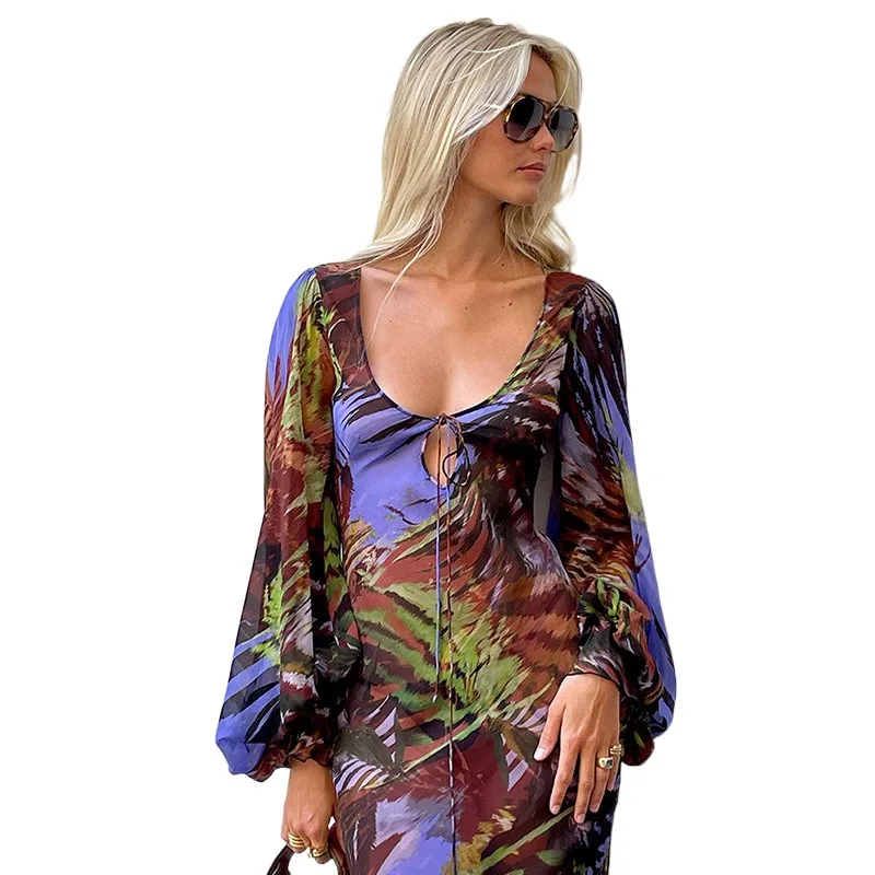 

Женское платье в стиле ретро, платье в европейском и американском стиле с длинными рукавами и U-образным вырезом, на бретелях, Новинка лета 2023