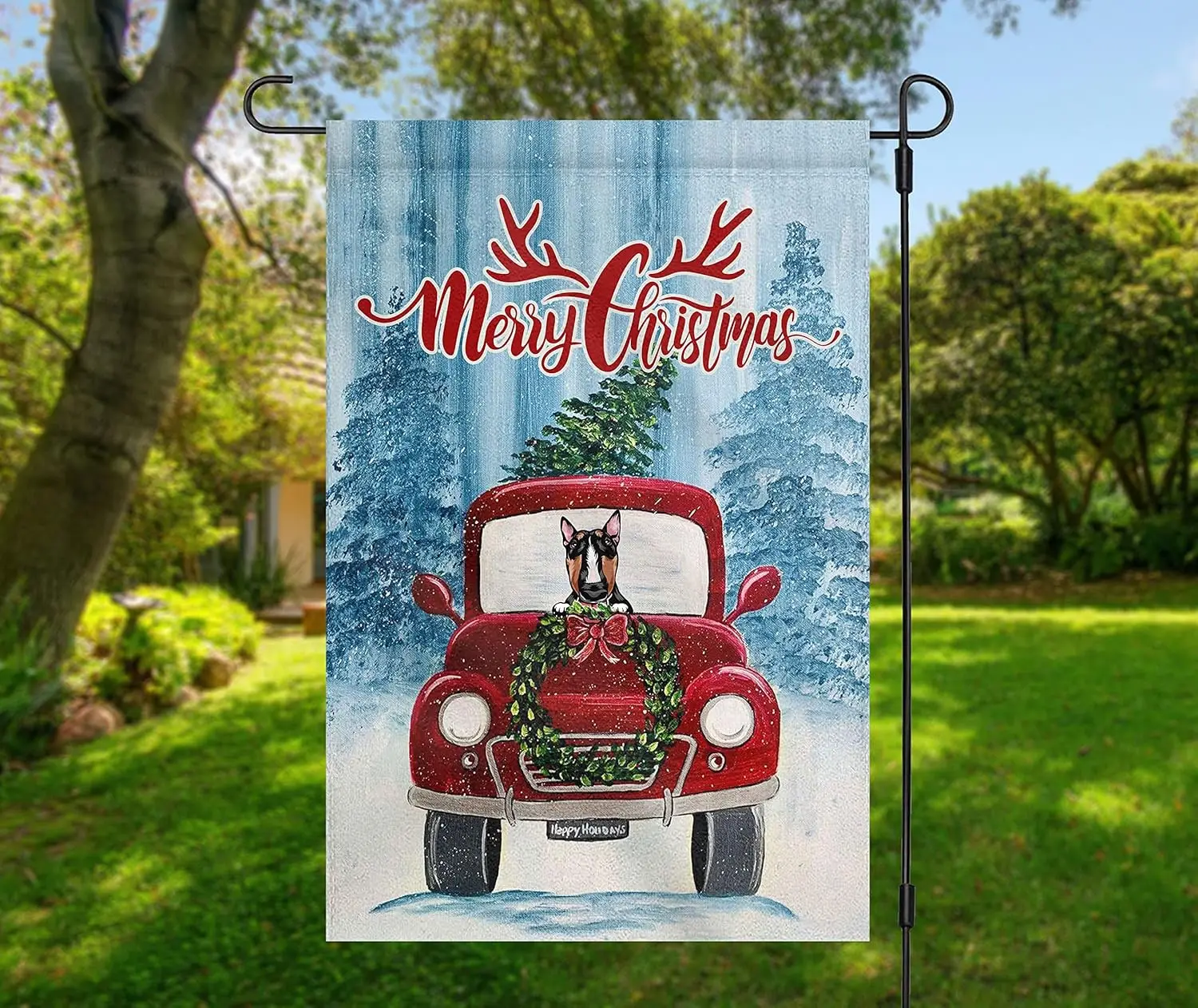 Забавный бультерьер с двусторонним принтом из мешковины дом двор лужайка