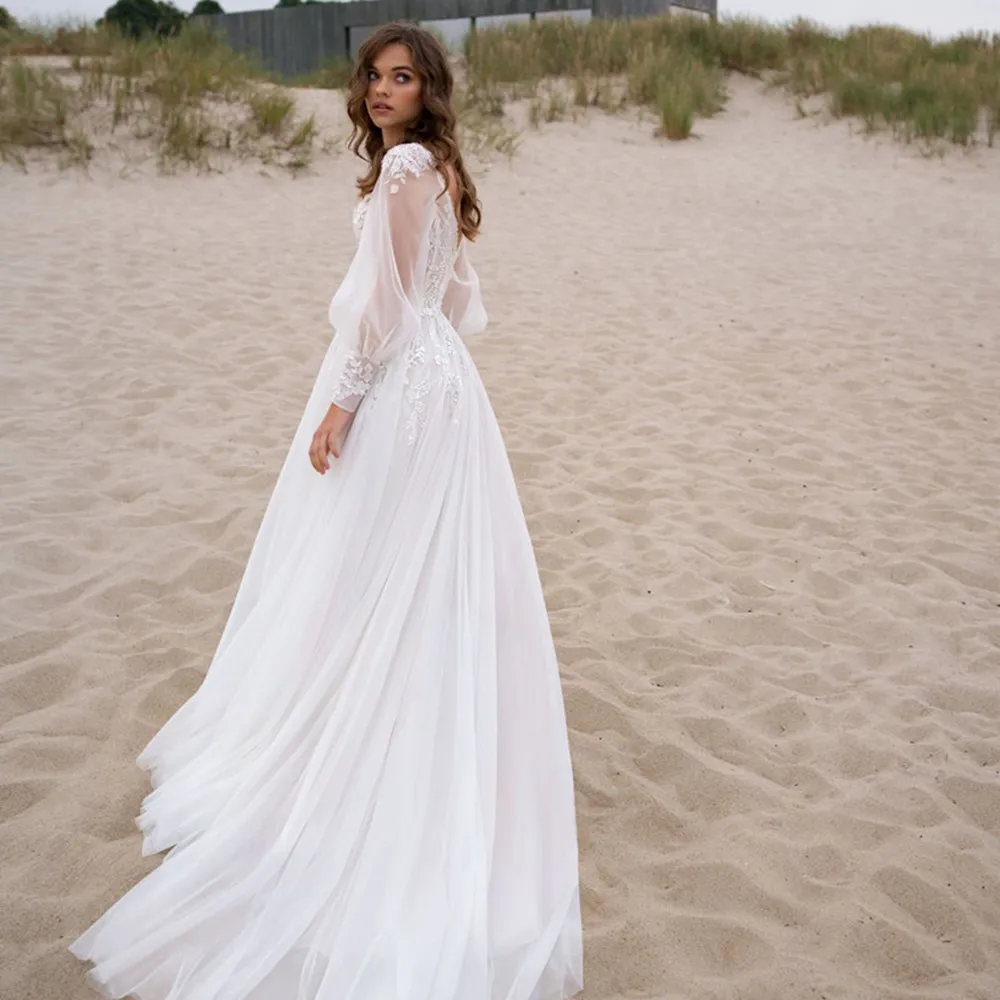 

Boho V-Neck Tulle Wedding Dresses For Women Princess Lantern Sleeves Lace Applique High Split Backless Vintage Vestidos De Novia