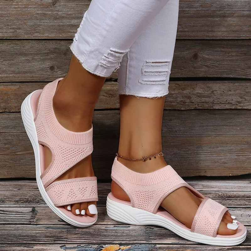 New Women Sandals Fashion Solid Color Mesh Hollow Wedge Casual Shoes Slip-on Light Comfortable Non-slip Flats Sandalia Feminina