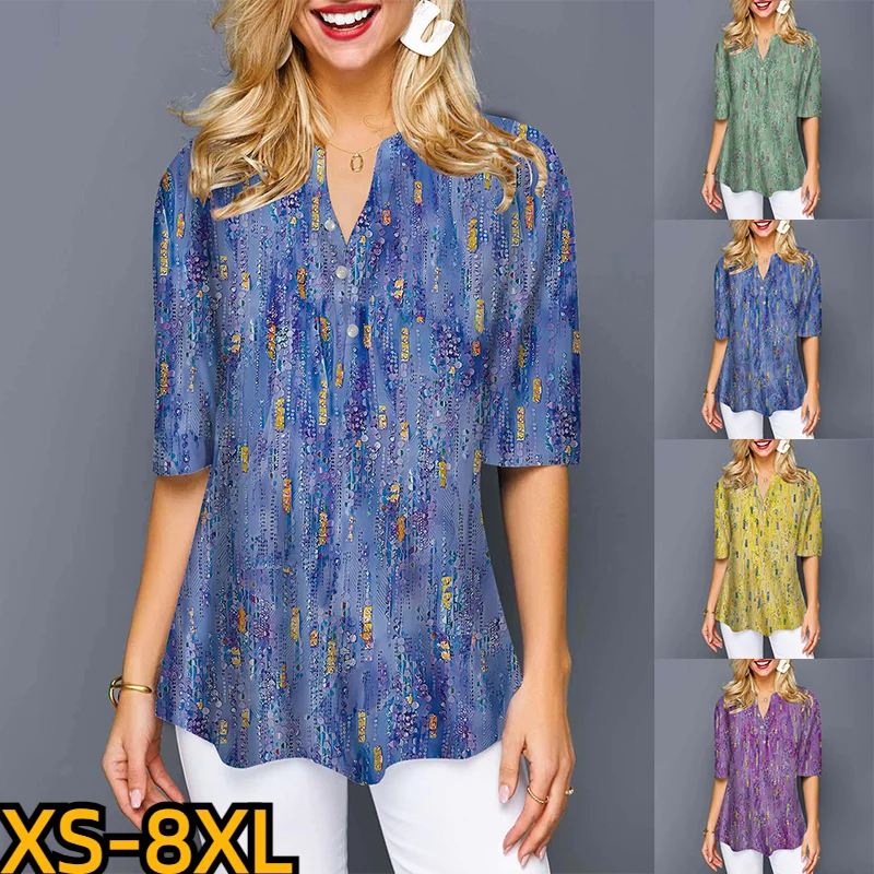 

2023 New Design Printed Pullover Female Loose Clothes Summer Women's V-neck Half-sleeve Top New Fashion Three-button T-shirt