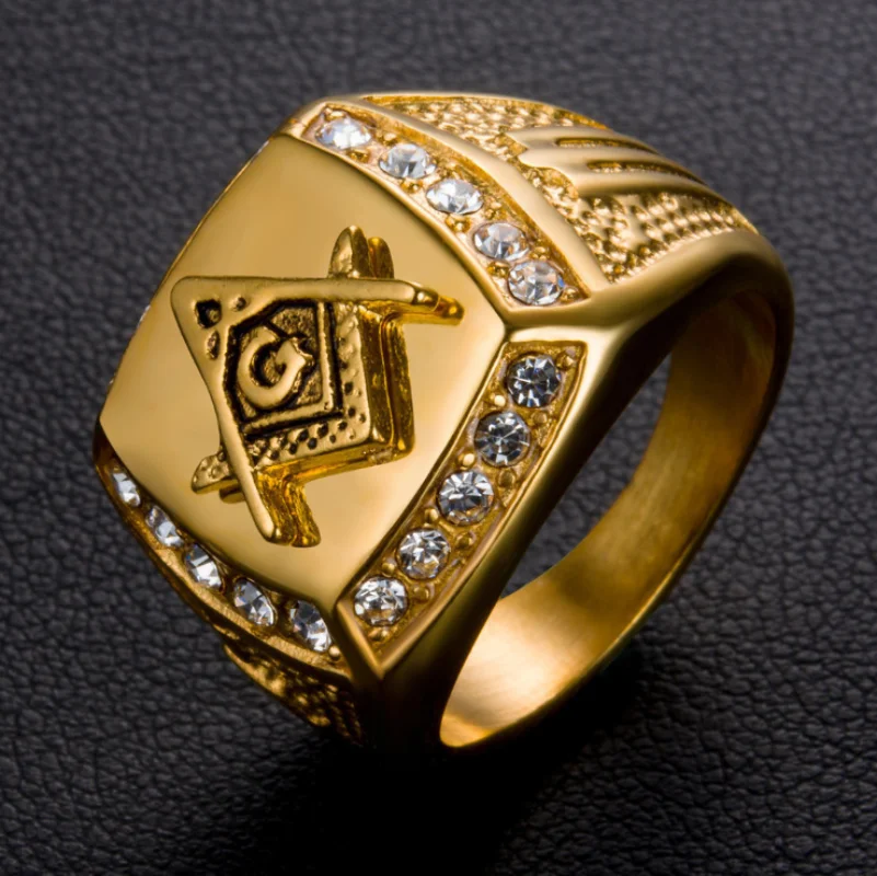 

Men's Ring with Diamond Gold Masonic AG Titanium Steel Ring Men's Ring