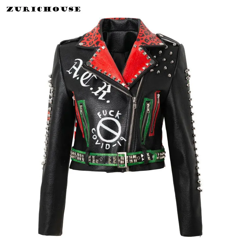 

Punk Studded Leather Jacket Women 2023 Trend Slim-fit Short Fashion Streetwear Contrast Printed Faux Leather Biker Jacket