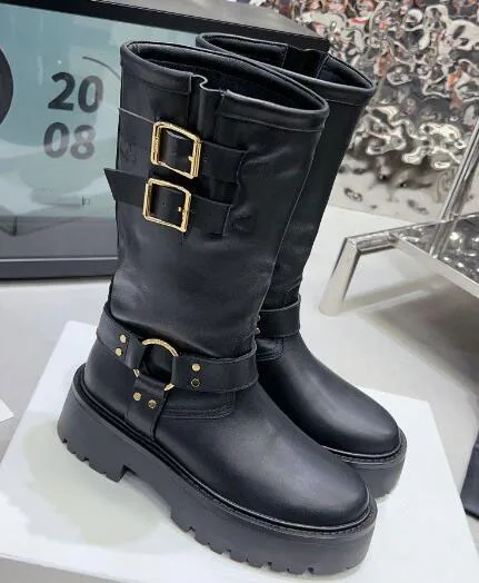 

Moraima Snc Black Leather Round Toe Women Boots Autumn Buckle Strap Chunky Heels Riding Boots Mid-calf Fashion Shoes