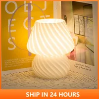 3 Colors Dimmable Striped Glass LED Desk Lamp Vintage Night Light Mushroom Table Lamp For Bedroom Bedside Light USB Powered 20#1