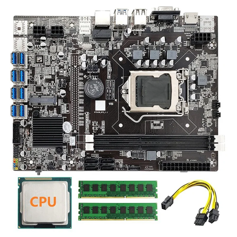 

Материнская плата B75 для майнинга BTC + 2X DDR3 8 Гб 1600 МГц ОЗУ + случайный ЦП + 6 контактов к двойному 8-контактному кабелю LGA1155 8GPU PCI-E к USB B75 Miner