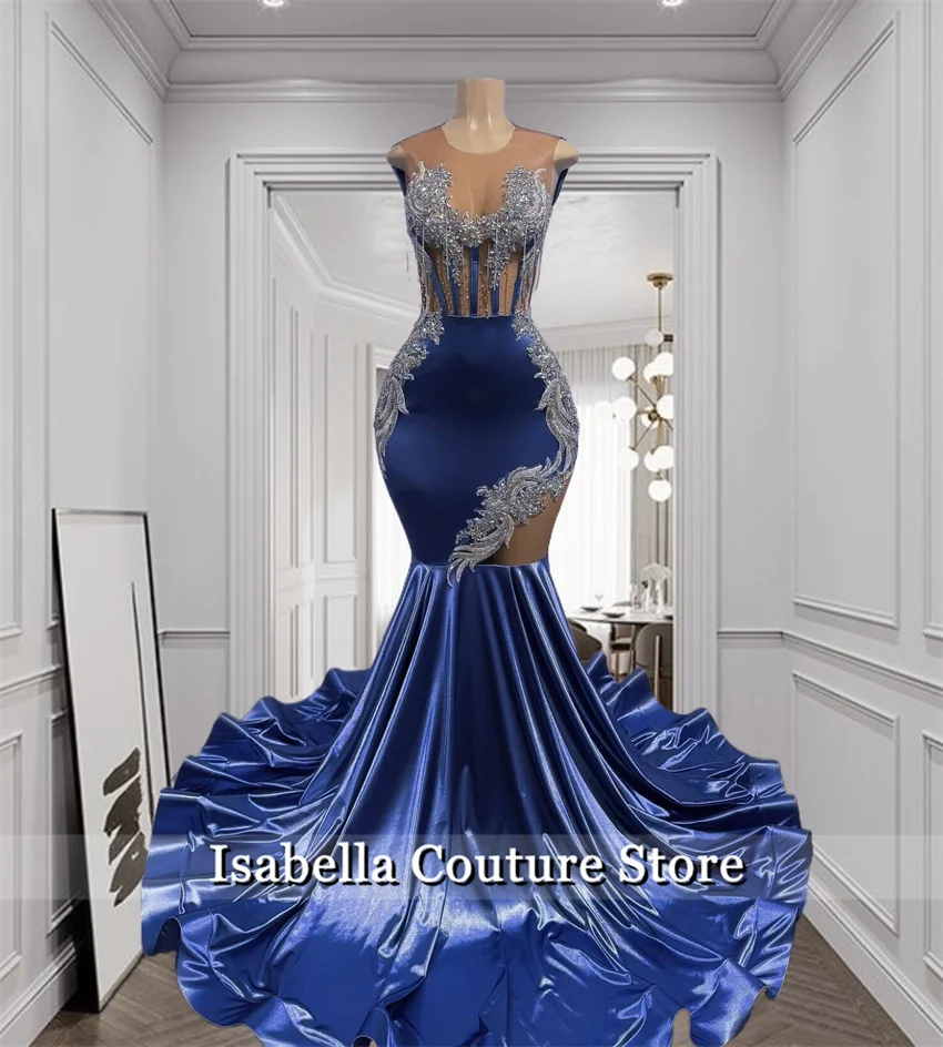 Темно-синее длинное платье русалки для выпускного вечера 2025 черных девочек