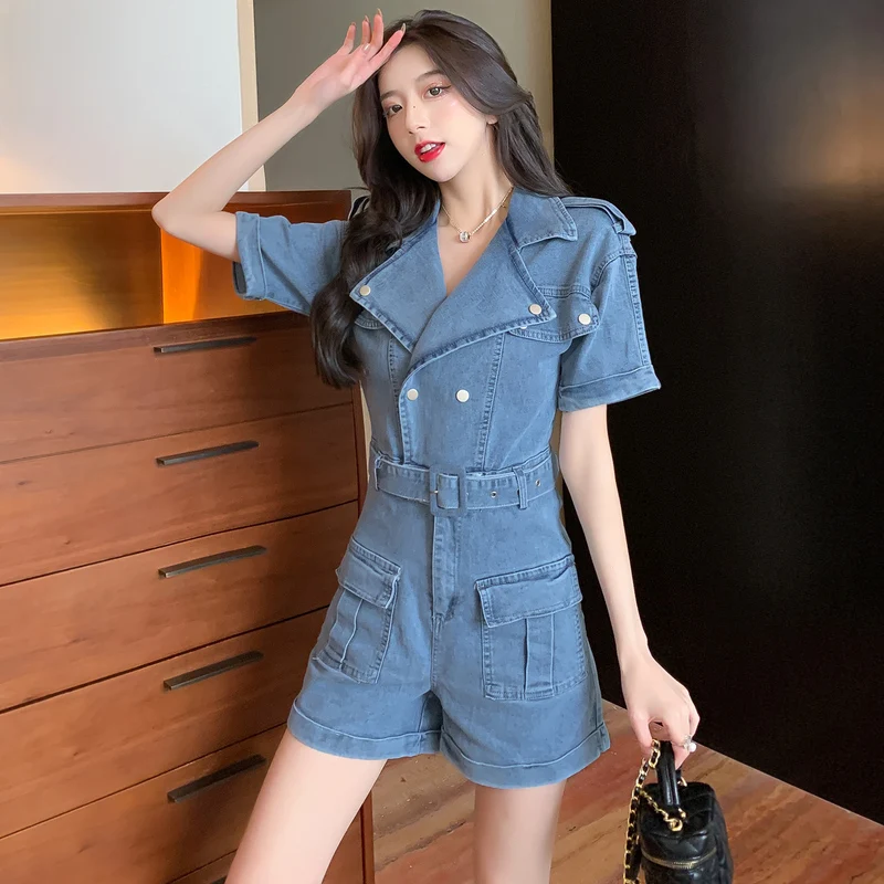 

New Spring Summer Slim Denim Rompers Women Suit Collar Short Sleeve Casual Wide Leg Overalls Short Jeans Playsuit