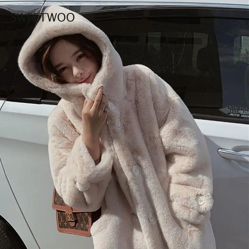 2021 New Winter Women Faux Rabbit Fur Coat Loose Long Fur Coat Large Size Hooded Overcoat Thick Warm Female Plush Coats Tide