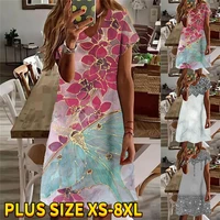 2022 summer womens floral printed painting dress knee length round neck short sleeves dresses a line casual oversized dress new