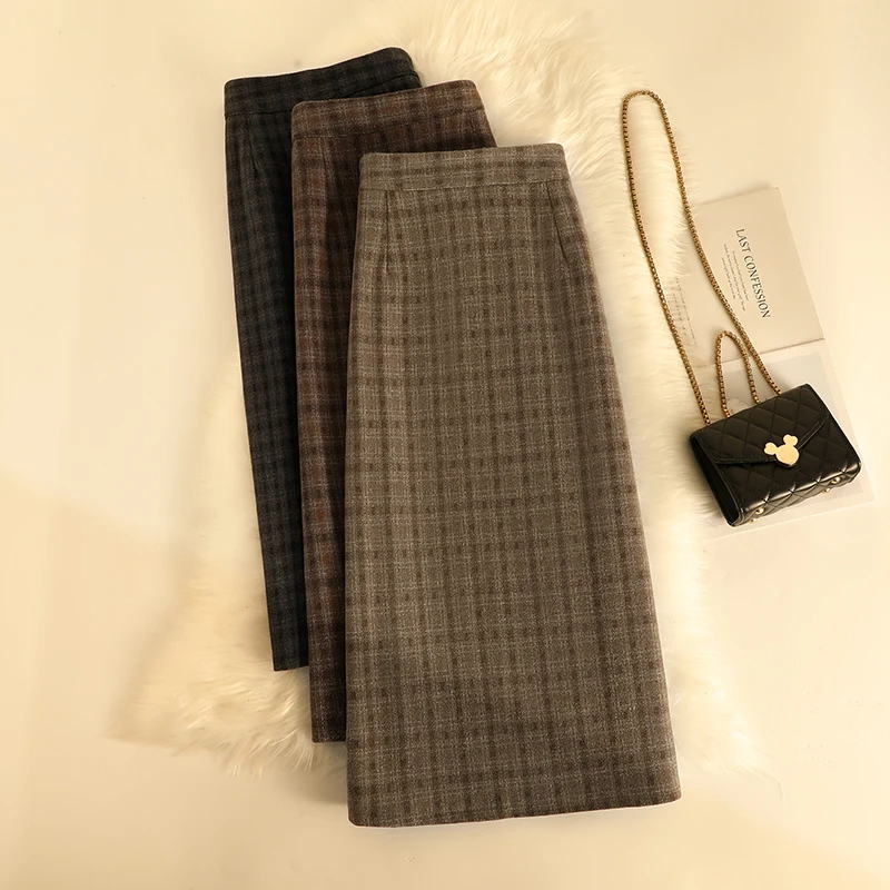 

Skirt Long For Women A-line Plaid Hip Pack Autumn Winter Woolen Thicken Brown