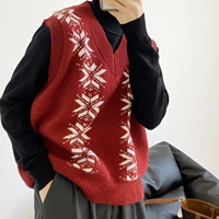 spring college v neck snow vest womens vintage red knitted sweater casual outwear pullovers korean knitwear matching tank tops