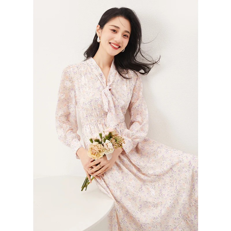 

Chiffon Summer Dress Women High-quality Print Bow Collar A-LINE Mid-Calf Pullover Vestidos De Mujer Invierno 2023