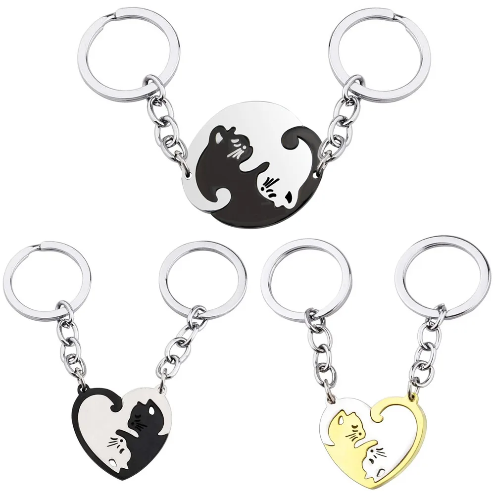 2Pcs/1Bag Hot Sale New 2022 Fashion Stainless Steel Tanabata Yin Yang Black and White Cat Hug Couple Key Ring Stitching Keychain